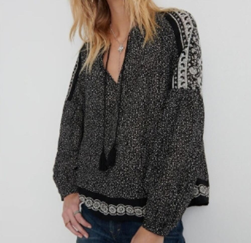 Lucky Brand Border Print Peasant Tunic Blouse Medium Black Polka Dot Boho